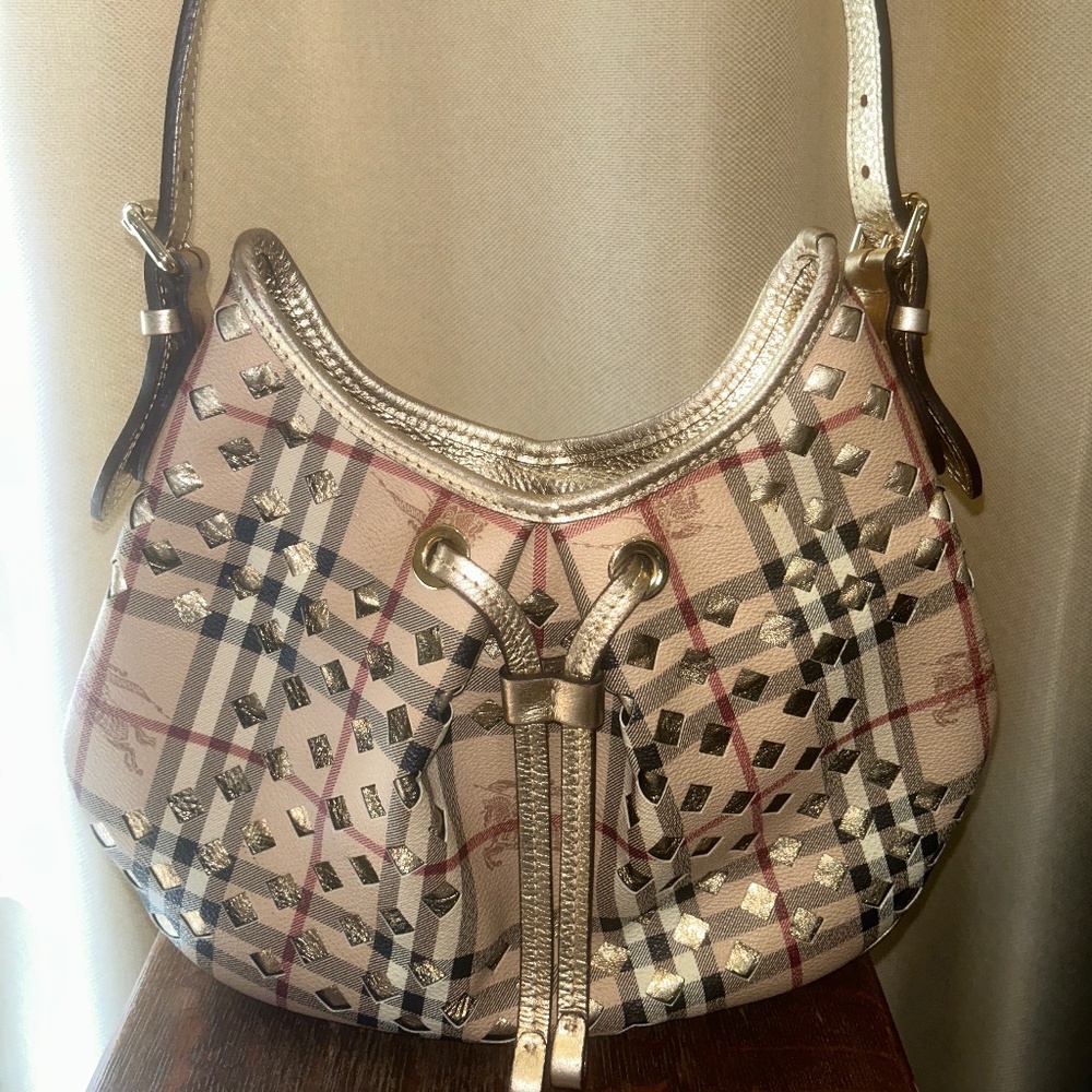 Burberry Bicolor Haymarket Check Cutout Drawstring Hobo Bag